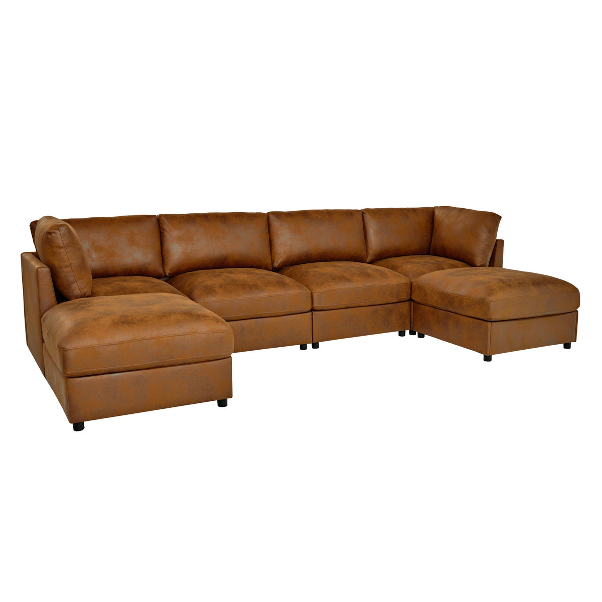 Dark brown modular sectional sofa with chaise and ottoman-style corner seat cushions.