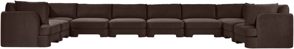Dark brown modular velvet sectional sofa with deep seats and block arms.