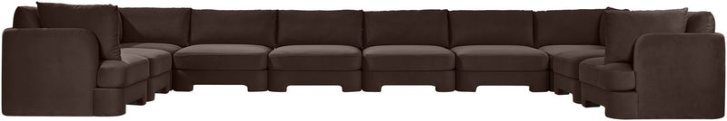 Dark brown modular velvet sectional sofa with deep seats and block arms.
