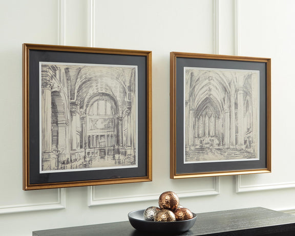 Set of 2 framed architectural sketch wall prints, brown frames with dark mats.