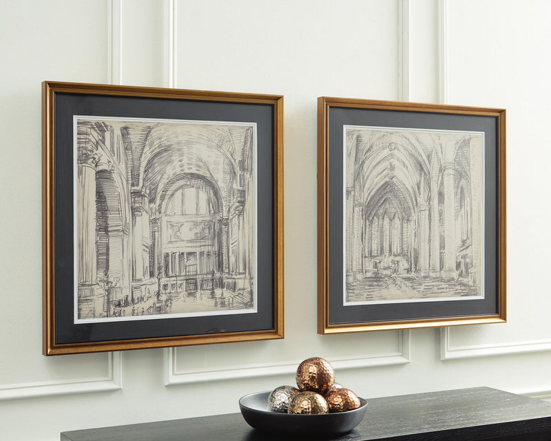 Set of 2 framed architectural sketch wall prints, brown frames with dark mats.