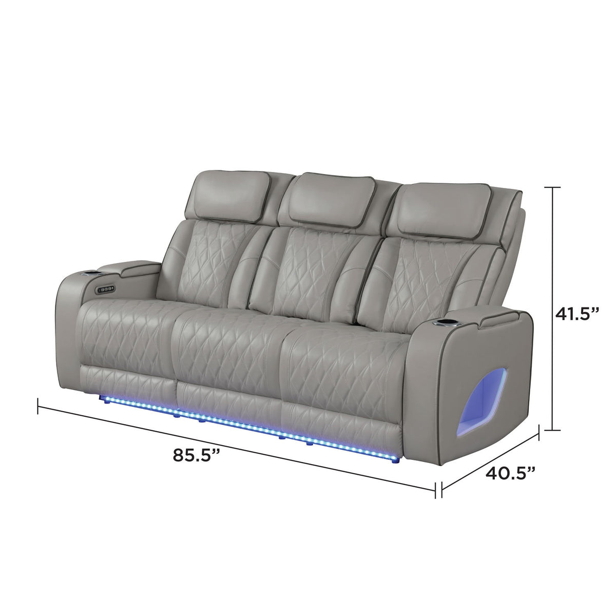 Power reclining sofa in light gray leather-look with blue LED base and headrest cushions