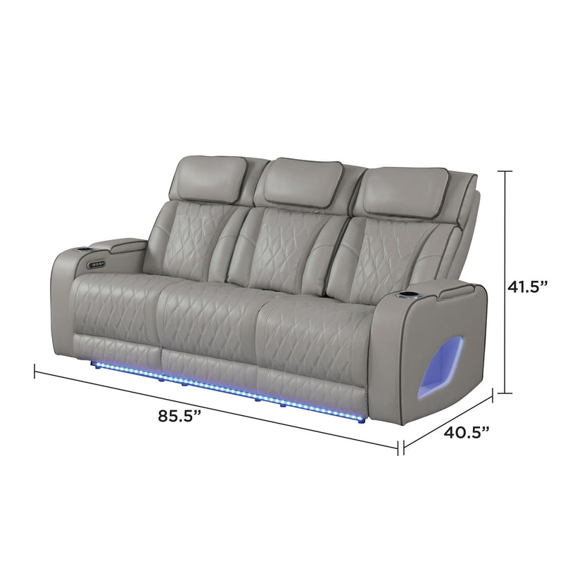 Power reclining sofa in light gray leather-look with blue LED base and headrest cushions