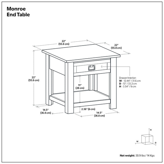 Monroe handcrafted end table with drawer and lower shelf, dark wood finish