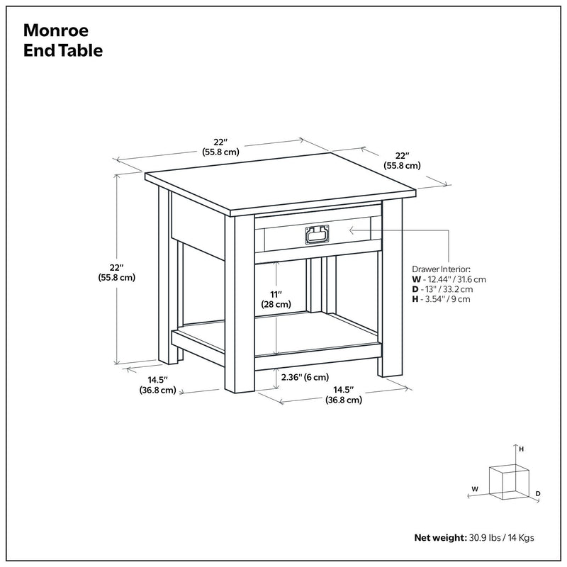 Monroe handcrafted end table with drawer and lower shelf, dark wood finish