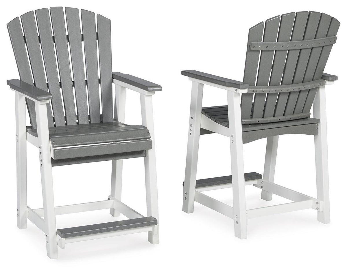 Pair of gray slatted barstools with white frames and armrests, side angles