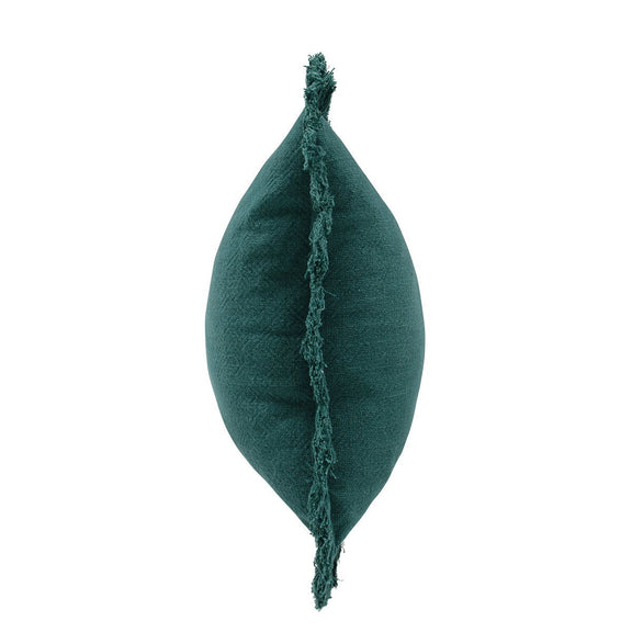 Dark green teardrop decorative pillow with vertical seam and short fringe edge