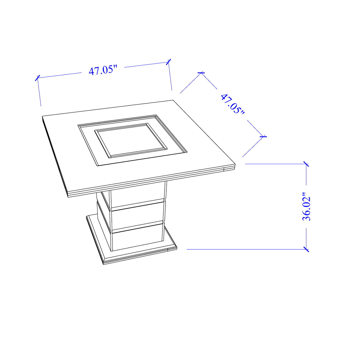 White bar table with square top; labeled size 47.05 in by 36.02 in