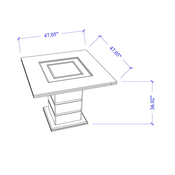 White bar table with square top; labeled size 47.05 in by 36.02 in