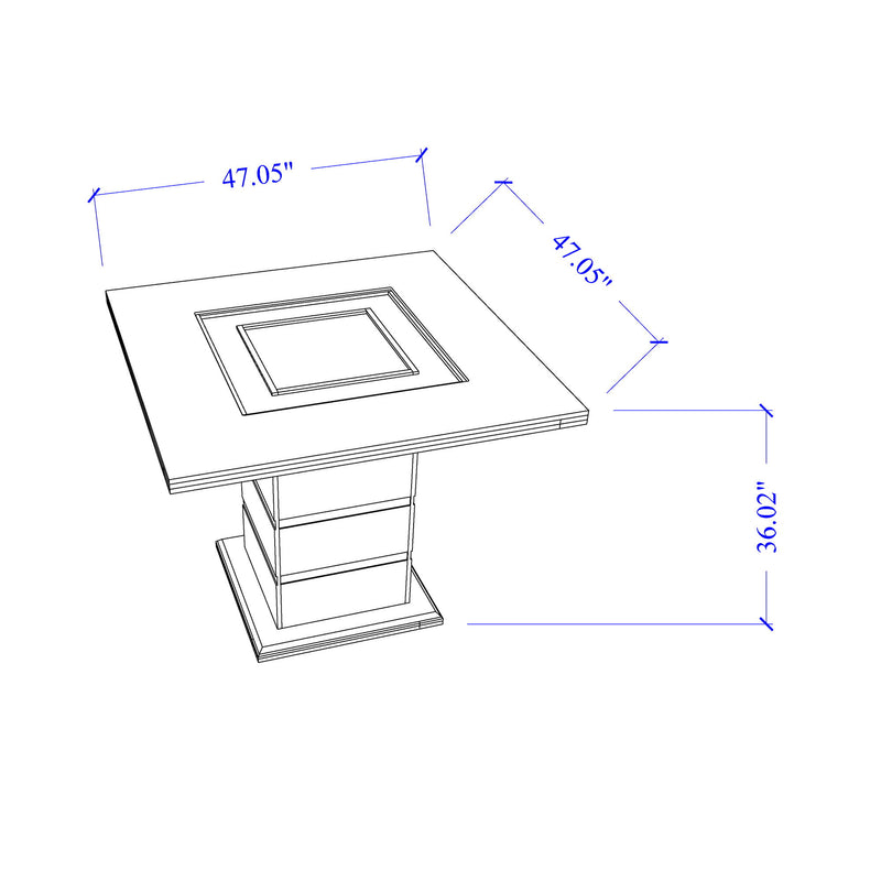 White bar table with square top; labeled size 47.05 in by 36.02 in