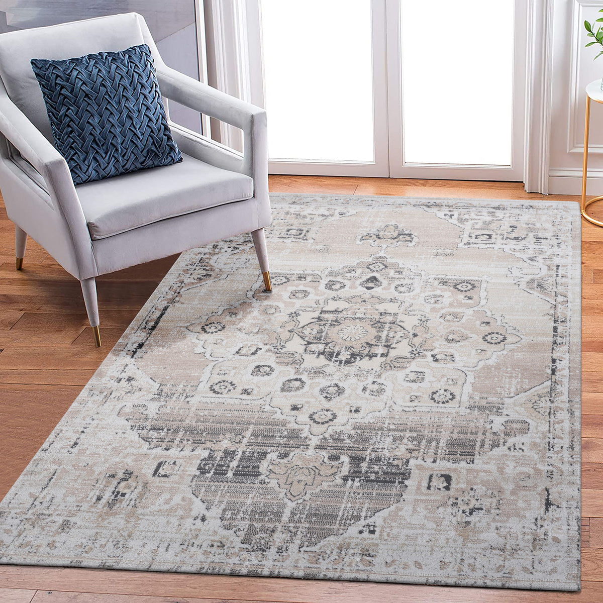 Payas medallion area rug, light cream and blue distressed medallion blocks, wide view