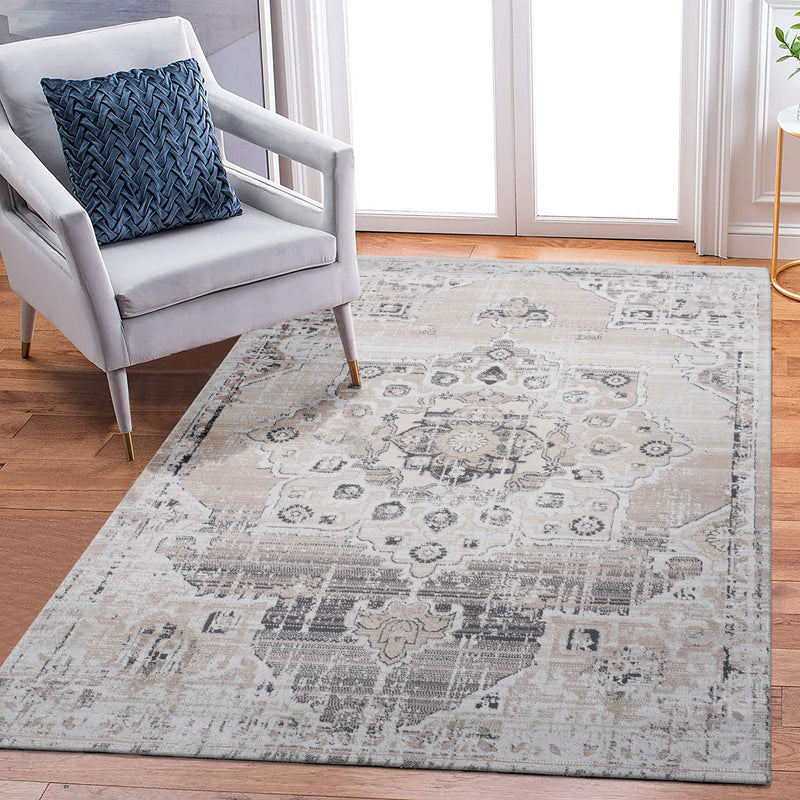 Payas medallion area rug, light cream and blue distressed medallion blocks, wide view