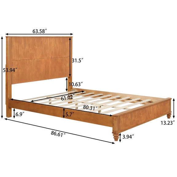 Light brown slatted bed frame with tall headboard, shown with dimensions