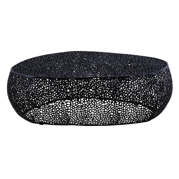 Oval coffee table in black with speckled lattice metal texture and glossy top