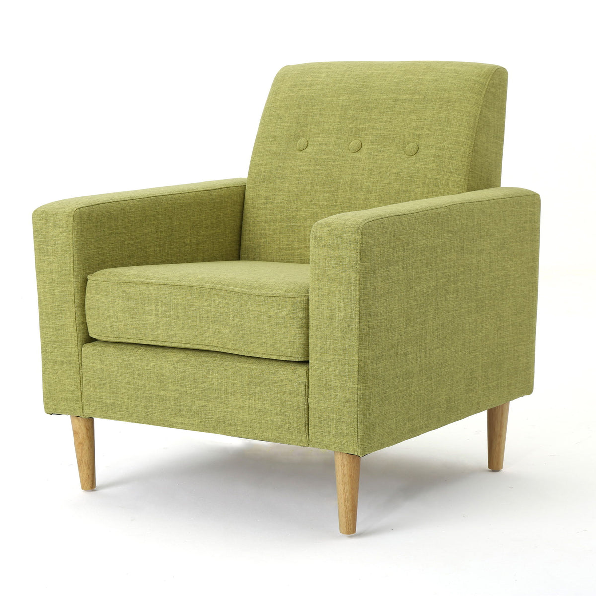 Green fabric club chair with rounded arms and button-tuft back, rubberwood legs