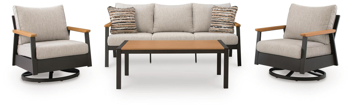 Outdoor seating set with gray-cushioned sofa, two swivel chairs, and dark rectangular table