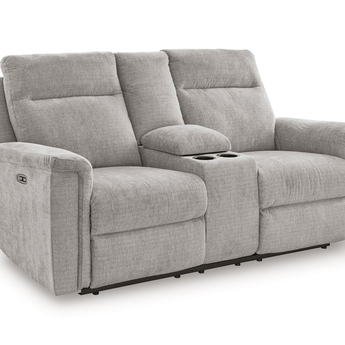 Ash gray power reclining loveseat with center console and thick padded arms