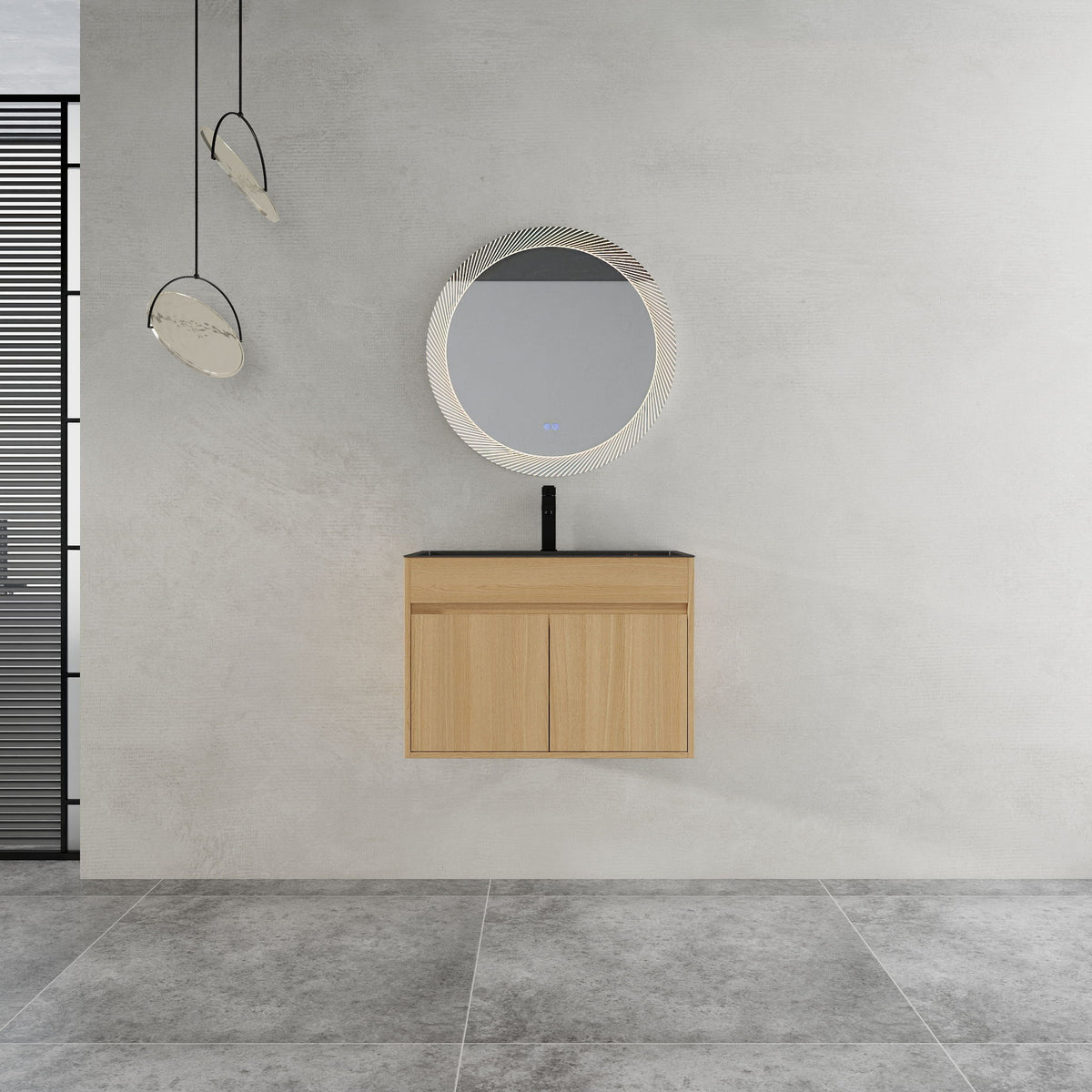 28" Wall Mounted Bathroom Vanity With Stainless Steel Sink, Soft Close Doors - Oak