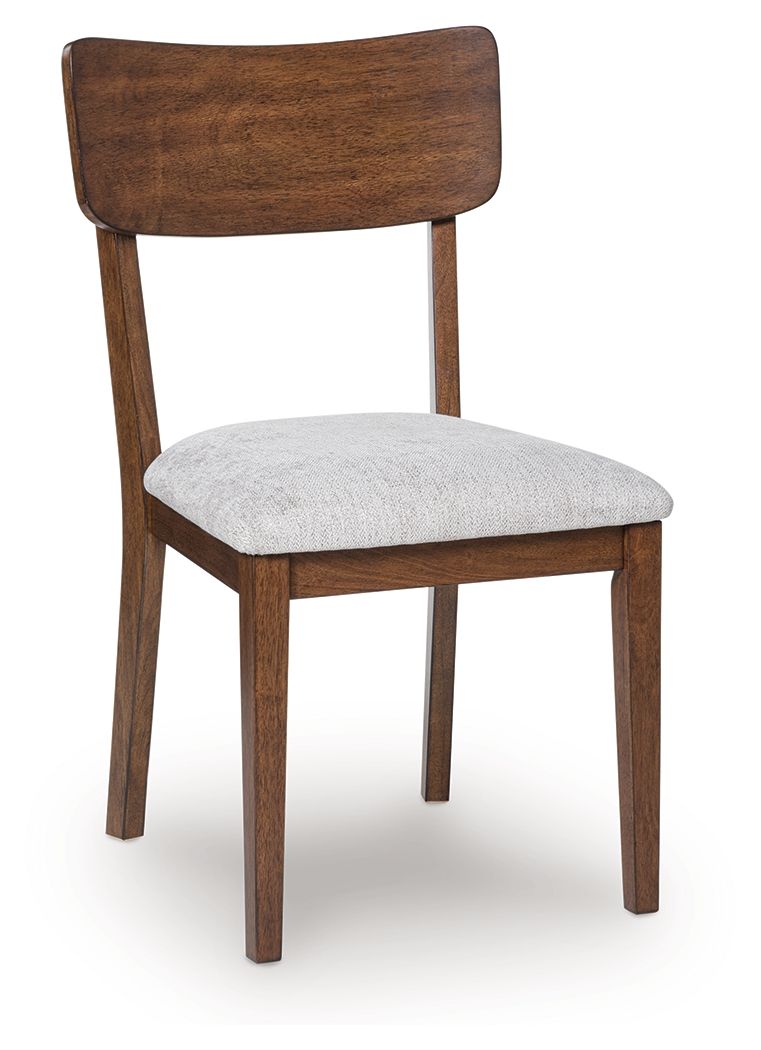 Wooden dining chair with brown backrest and light gray upholstered seat cushion