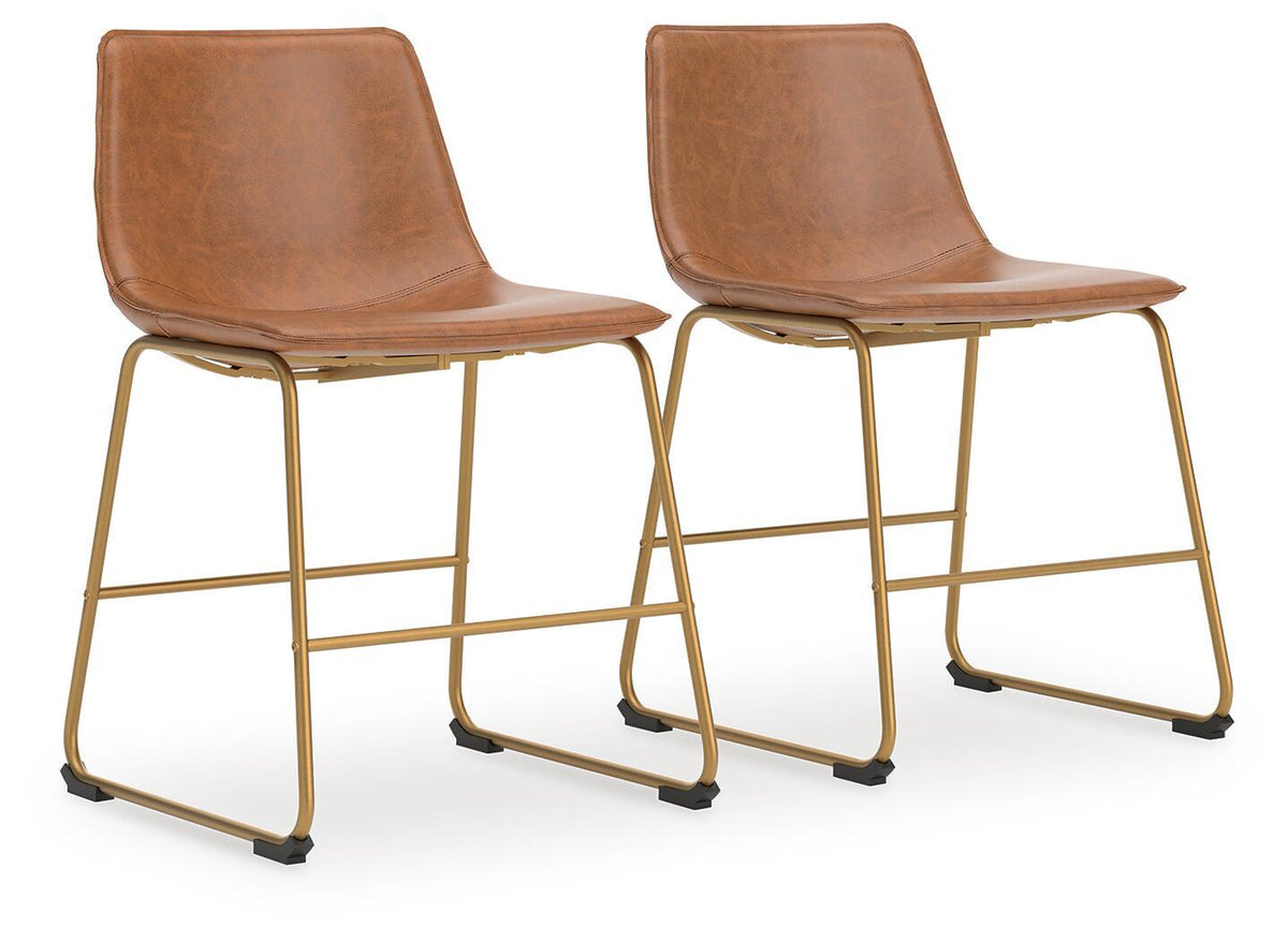 Set of 2 light brown upholstered dining side chairs with curved backs and gold metal frames