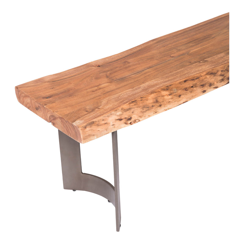 Angled view of the brown wood bench seat and curved metal support