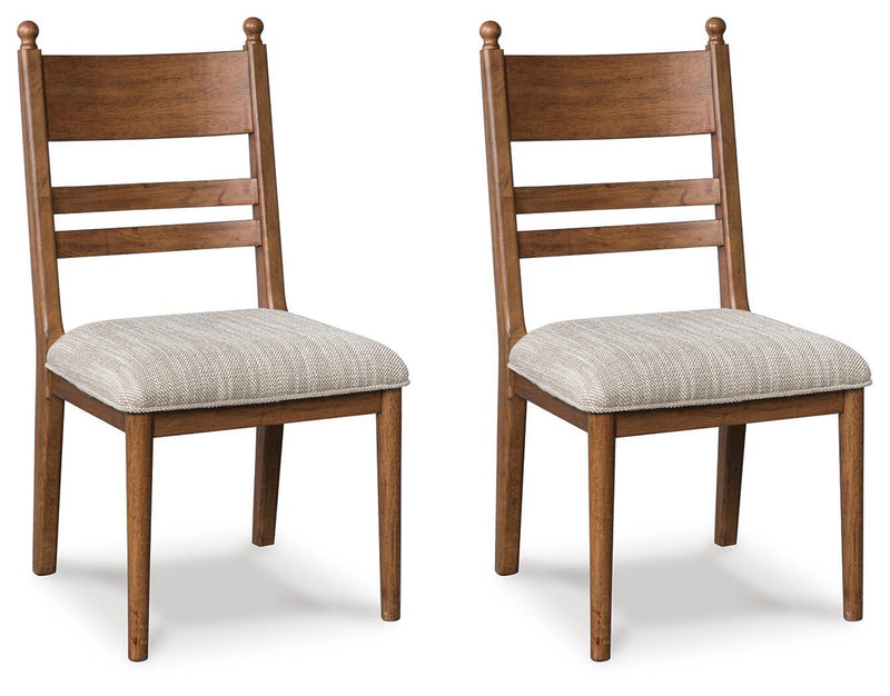 Set of 2 light brown dining side chairs with gray upholstered seats and ladder backs