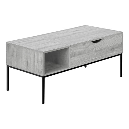 Rectangular lift-top cocktail table, gray wood-look finish with shelf and black legs.