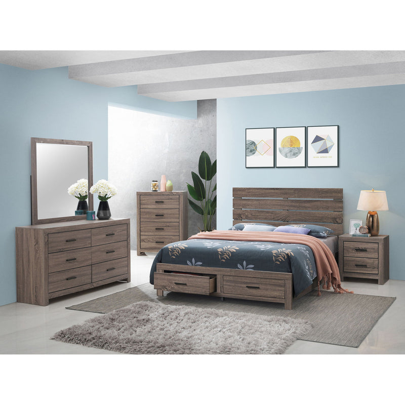 Dark wood bedroom set with platform bed, slatted headboard, dresser with mirror, nightstand