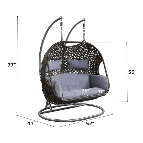 Wicker hanging chair with light gray cushions; 77" height