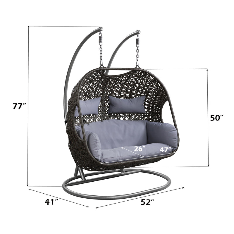 Wicker hanging chair with light gray cushions; 77" height