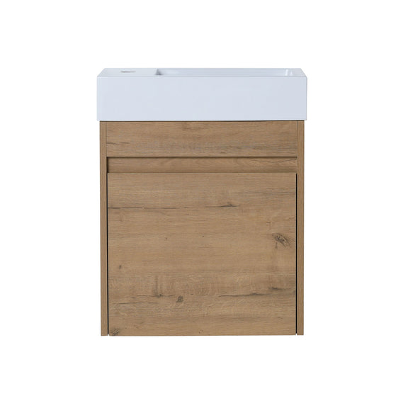Floating bathroom vanity with soft-close cabinet door, light brown wood-look front