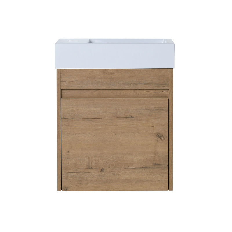 Floating bathroom vanity with soft-close cabinet door, light brown wood-look front