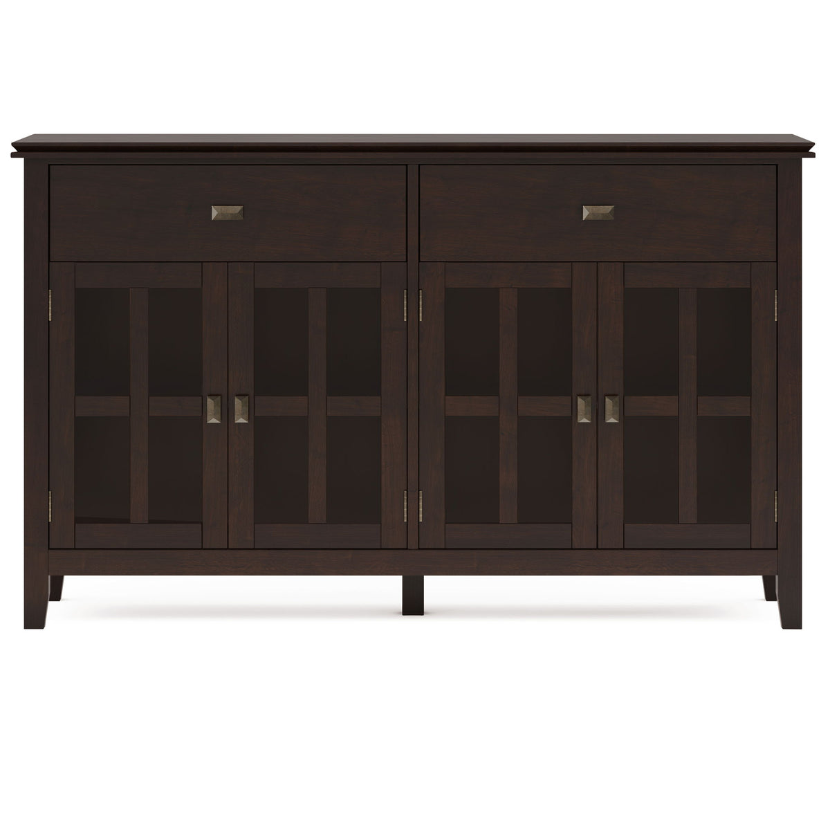 Front view of a dark chestnut brown four-door buffet with two drawers and glass panels