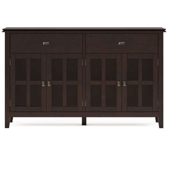 Front view of a dark chestnut brown four-door buffet with two drawers and glass panels