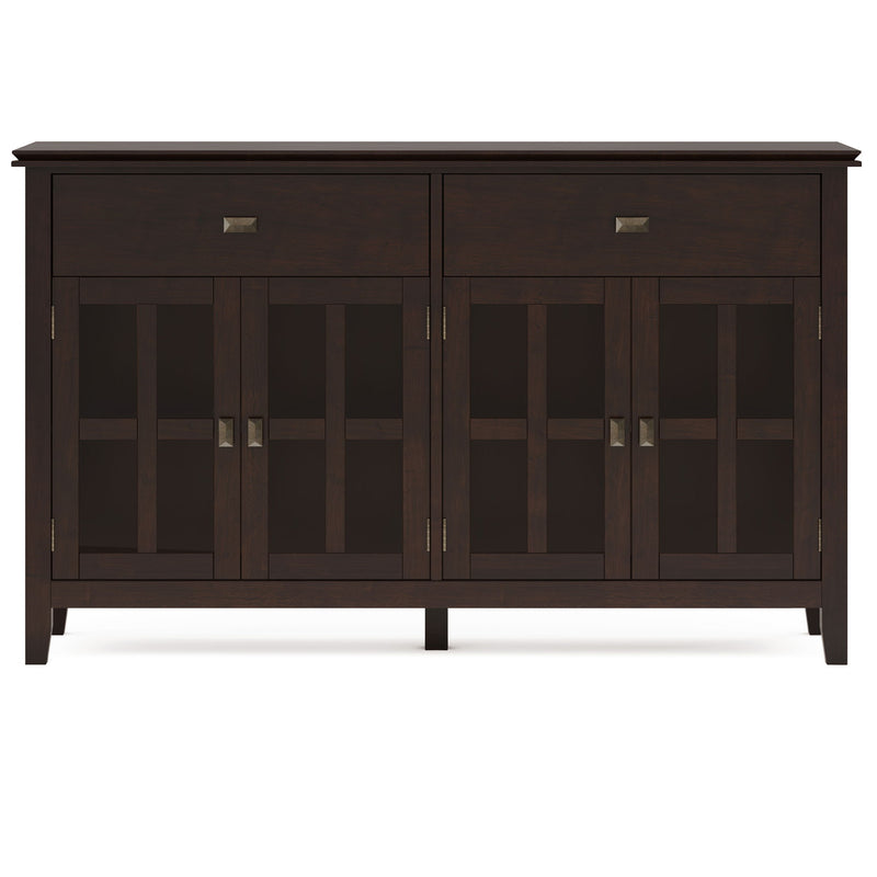 Front view of a dark chestnut brown four-door buffet with two drawers and glass panels