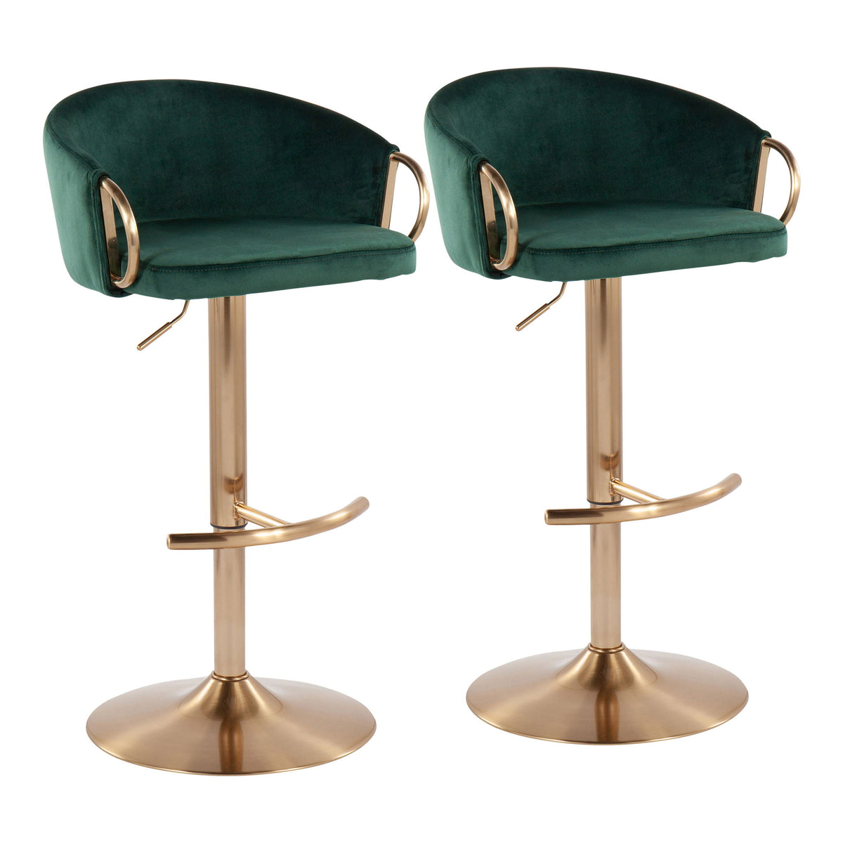 Dark green upholstered adjustable bar stools (set of 2) with gold base and footrest