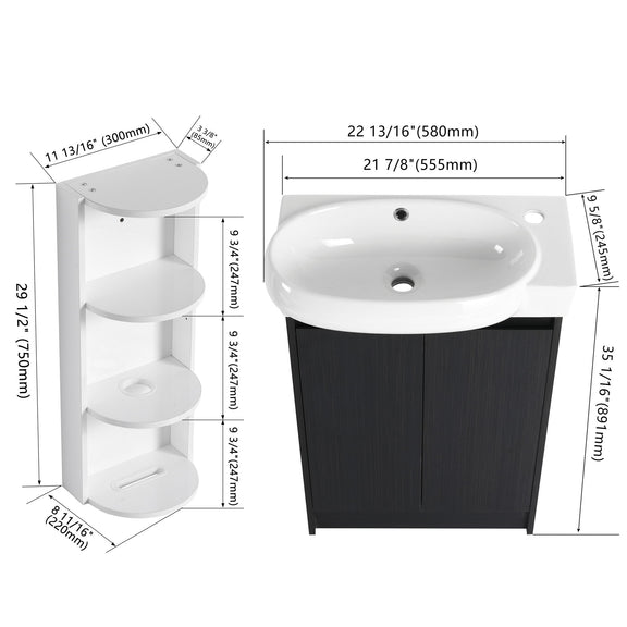 Freestanding vanity with white basin, dark cabinet, and open storage shelves