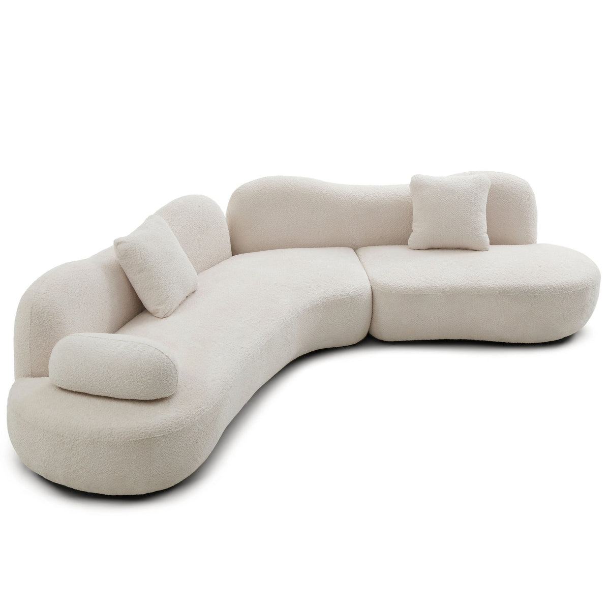 Cream curved modular 5-seater sofa with rounded chaise end and three cushions