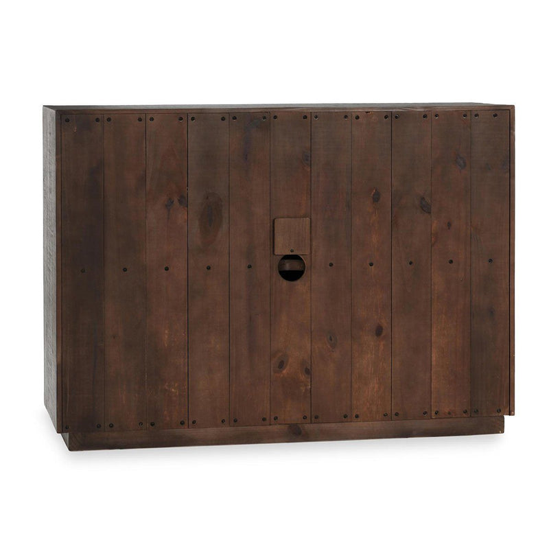 Solid wood cabinet back panel with evenly spaced hardware holes and black latch