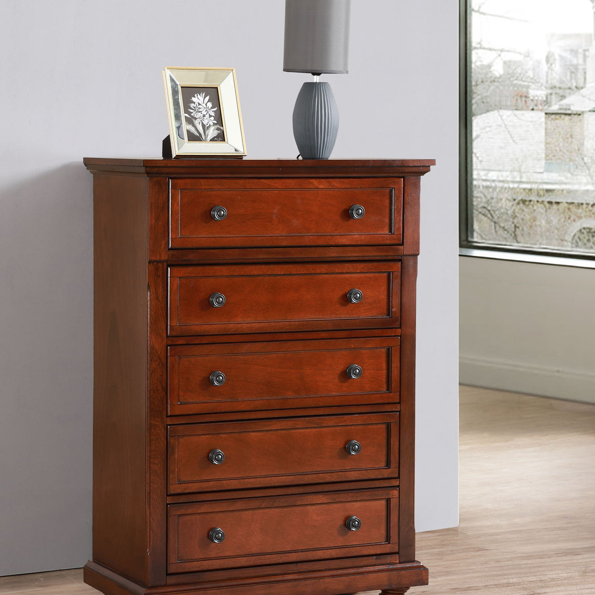Wood chest of drawers with five drawers and turned bun feet, brown finish