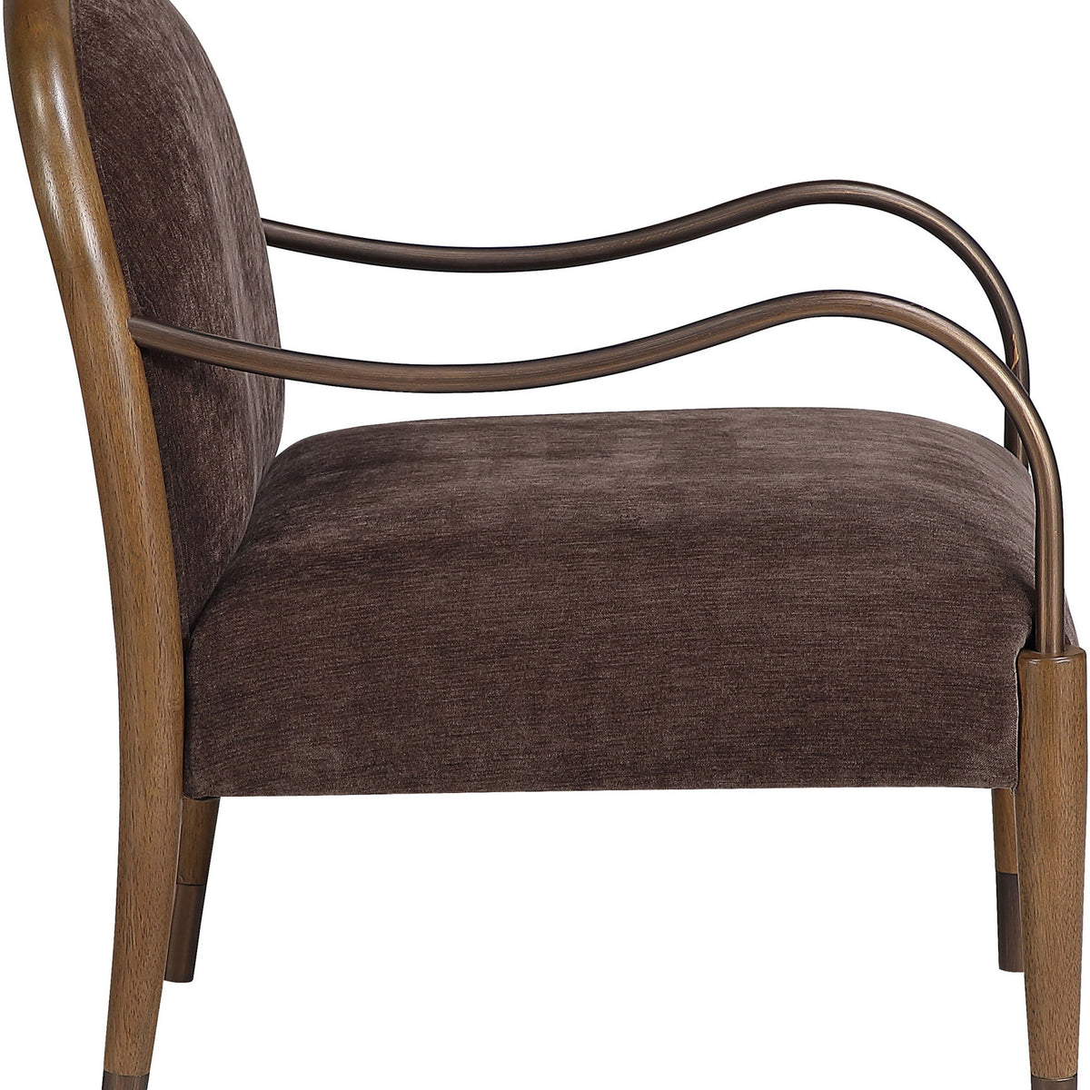 Dark brown fabric upholstered accent chair with curved arms and padded seat