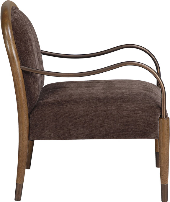 Dark brown fabric upholstered accent chair with curved arms and padded seat