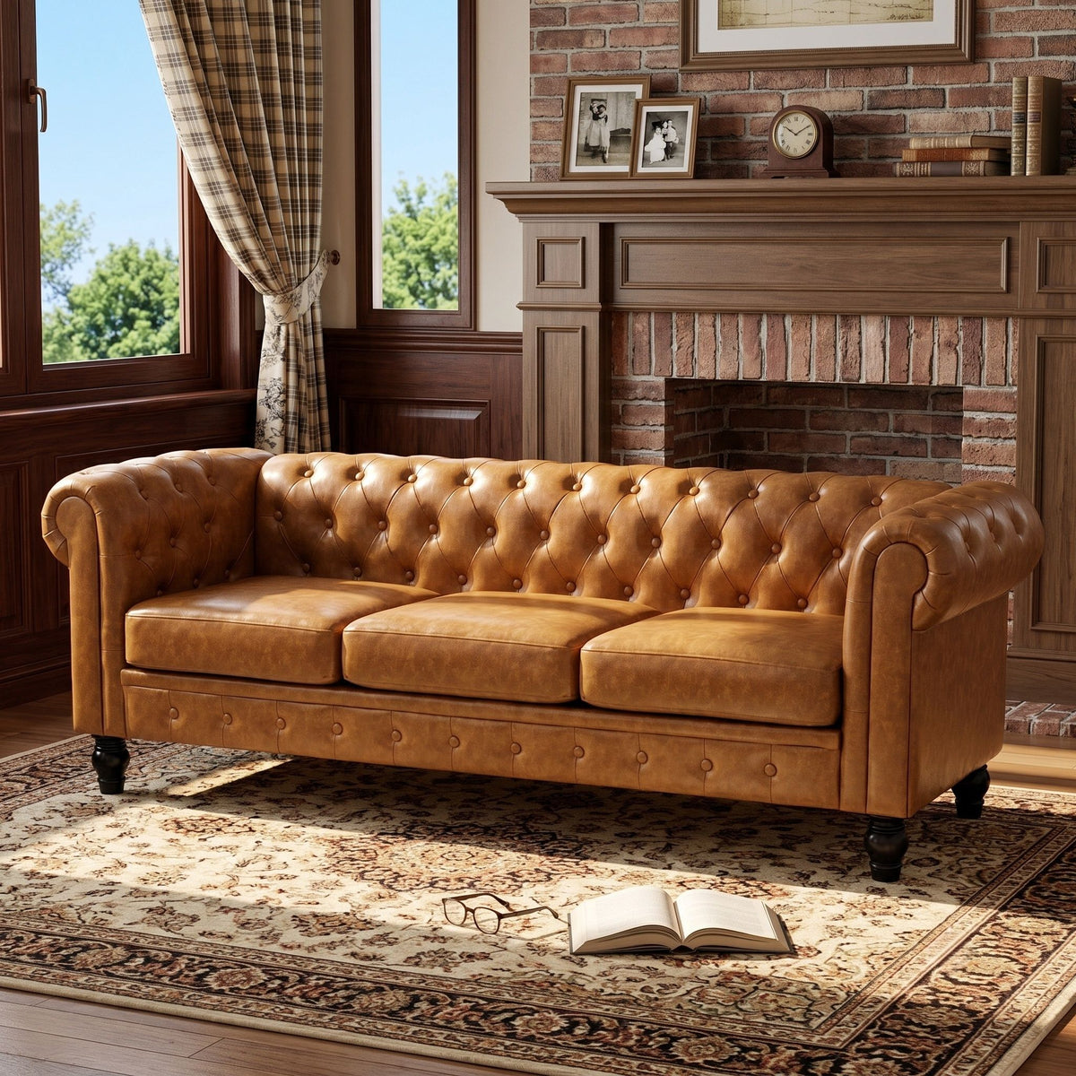 Light brown tufted sofa with rolled arms, three cushions and button detailing.