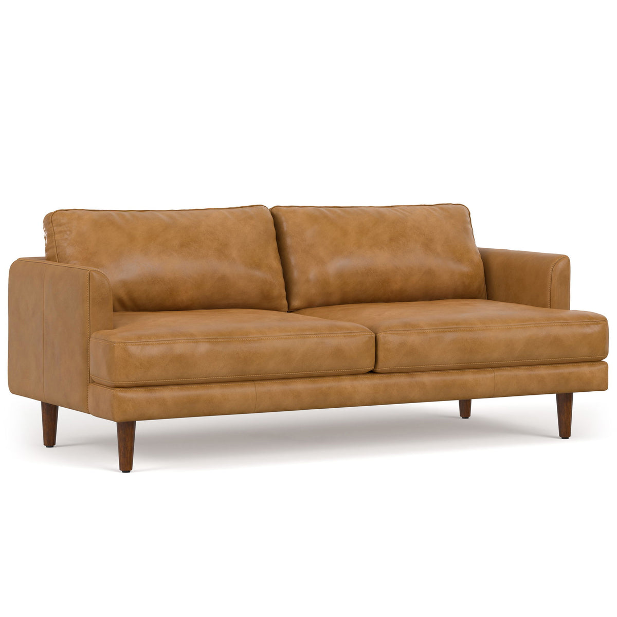 Upholstered sofa with two seat cushions, tan fabric, square arms, tapered wooden legs