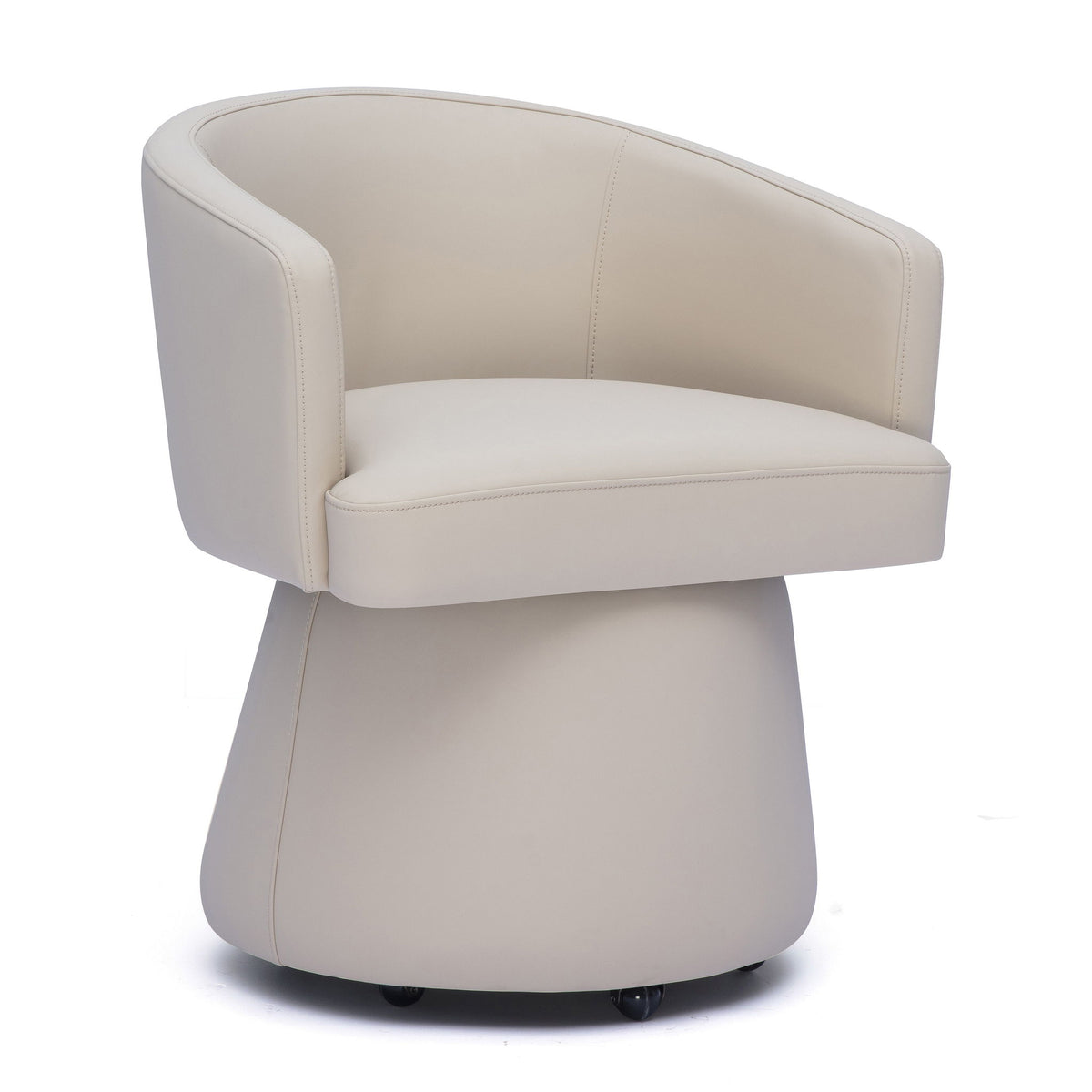 Beige upholstered desk chair with rounded arms and swivel base with casters