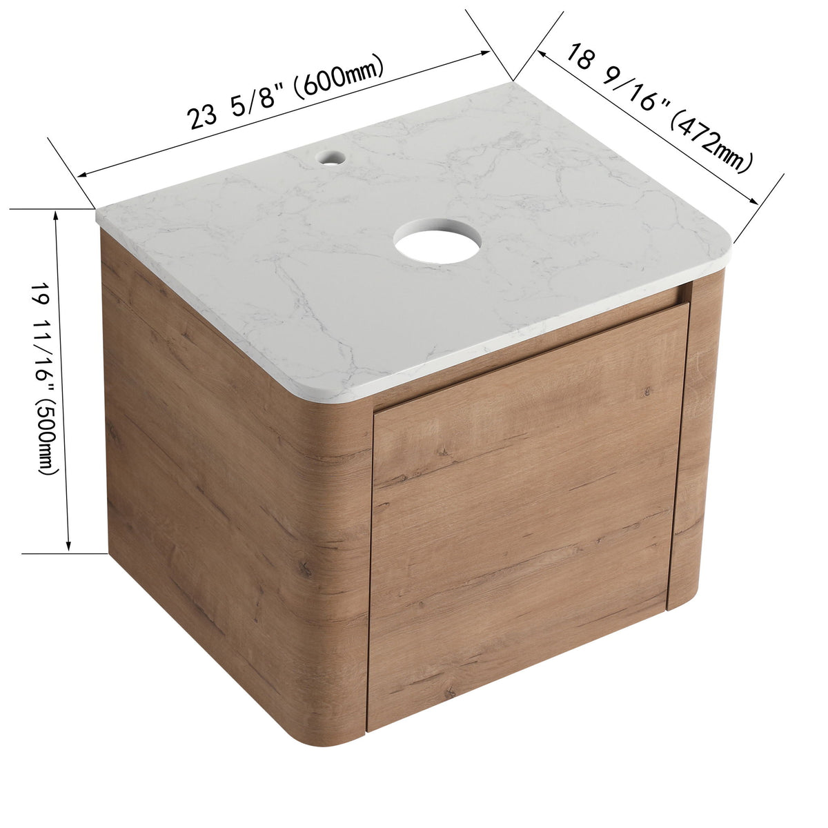 Brown bathroom vanity cabinet with white marble-look top and two doors