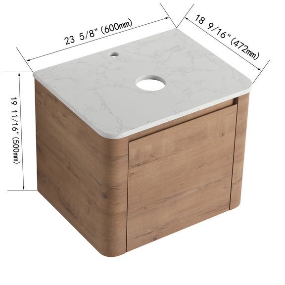 Brown bathroom vanity cabinet with white marble-look top and two doors