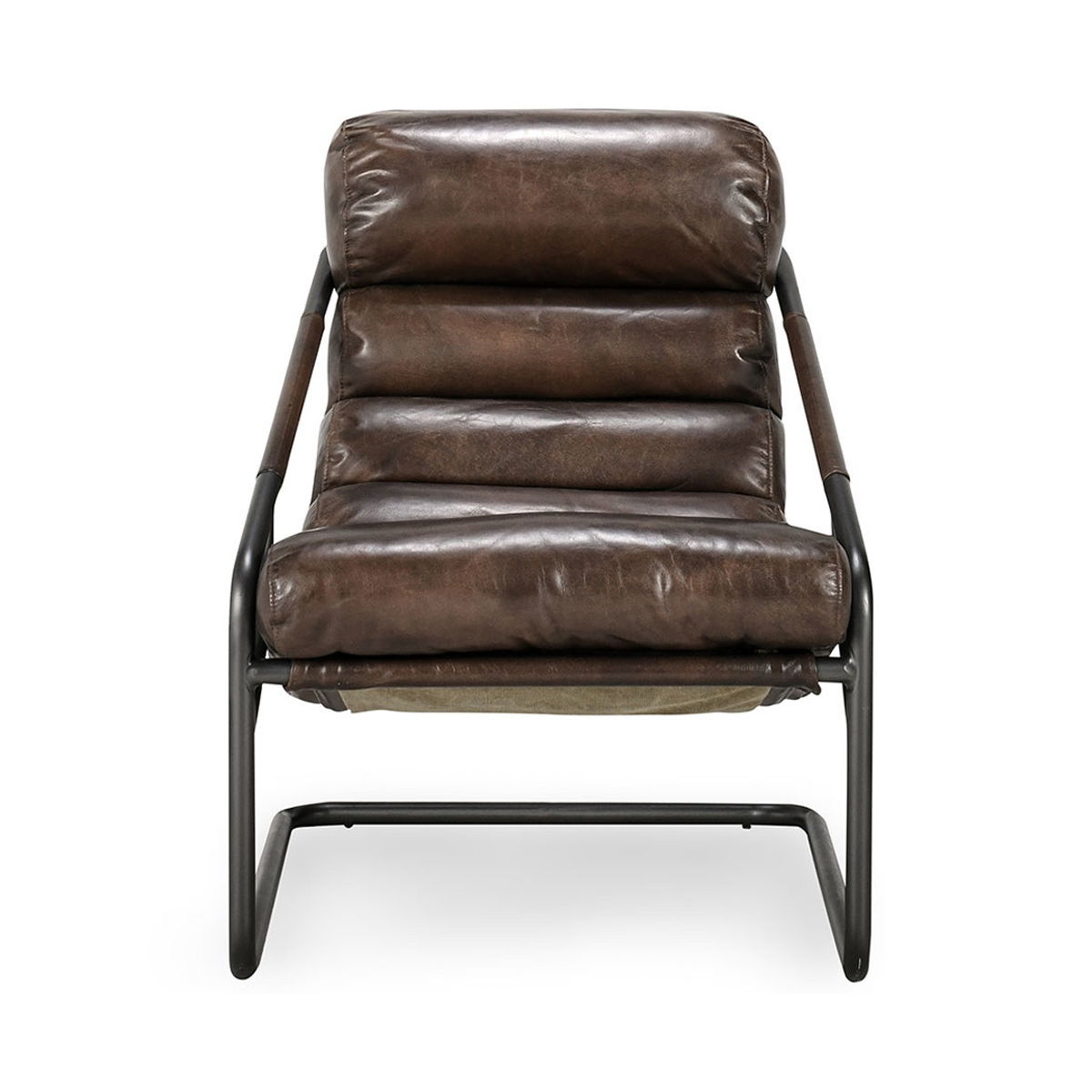 Jackson accent chair in dark brown leather, straight back and black metal legs