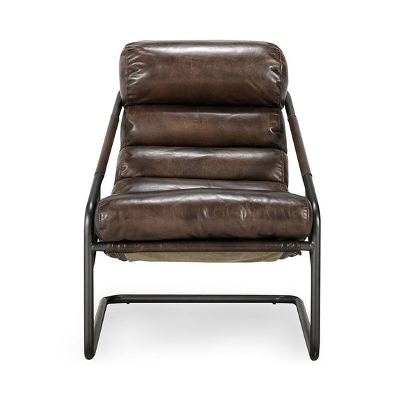 Jackson accent chair in dark brown leather, straight back and black metal legs
