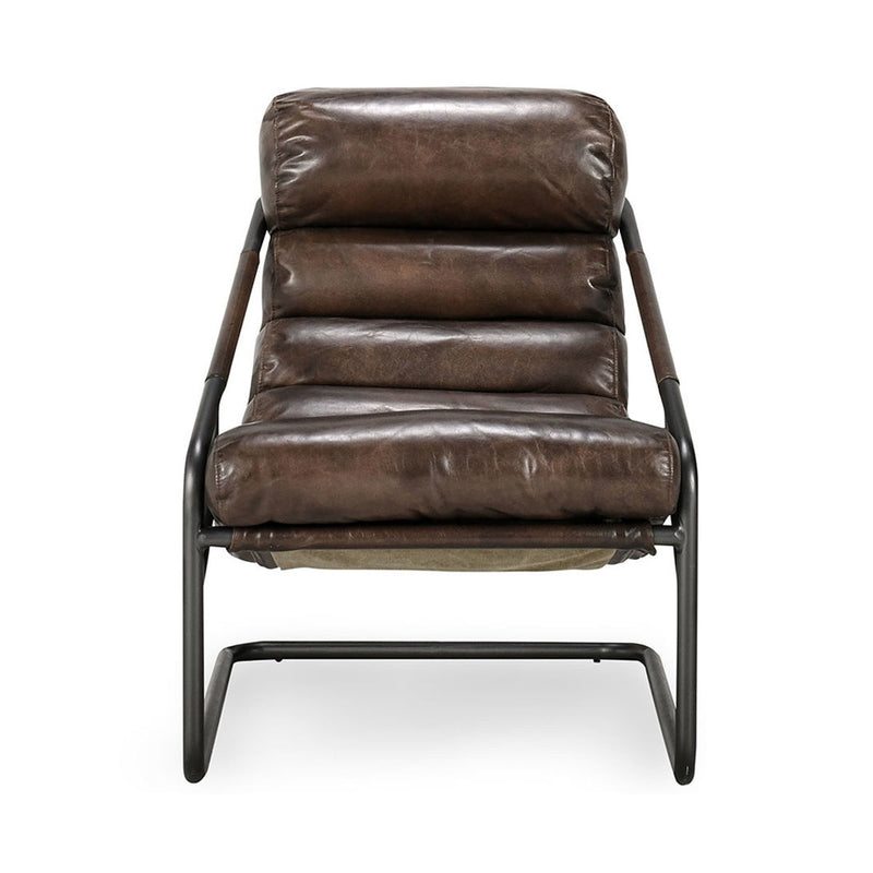 Jackson accent chair in dark brown leather, straight back and black metal legs